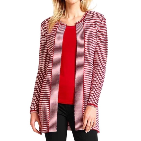 Talbots Woman Red White 100% Merino Wool Long Sleeve Cardigan Open Front Sweater - Picture 2 of 9